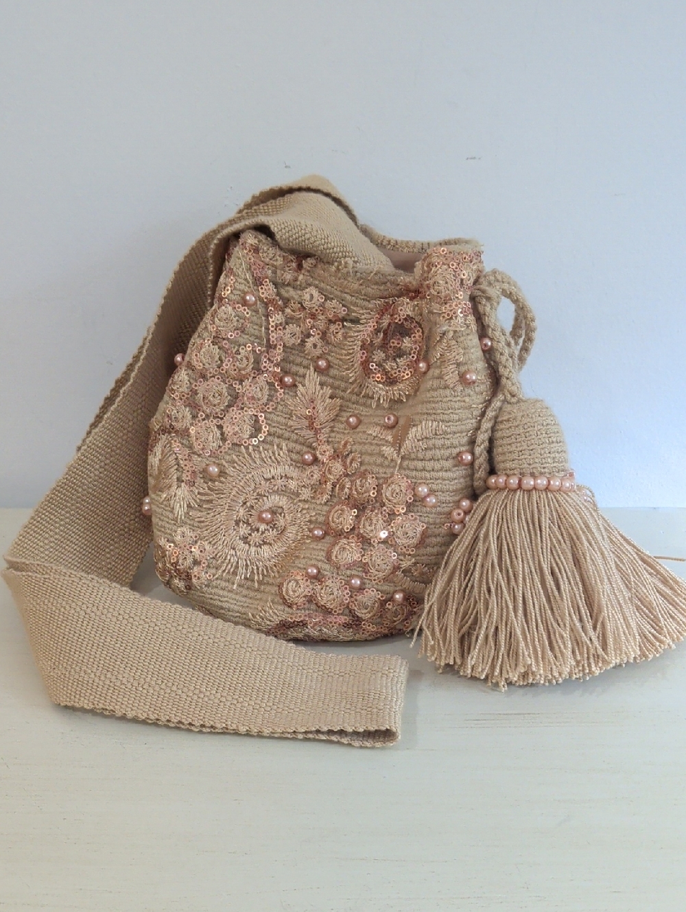Tan And Gold Beaded Tassel Drawstring Shoulder Bag